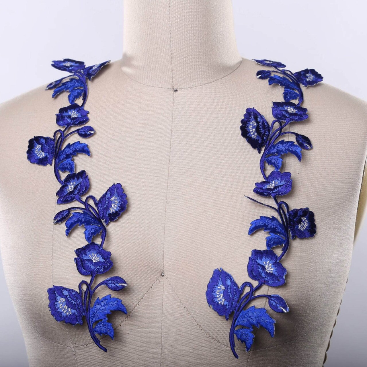 2 Pieces Royal Blue Embroidered Flower Applique Patches with Iron On Backing